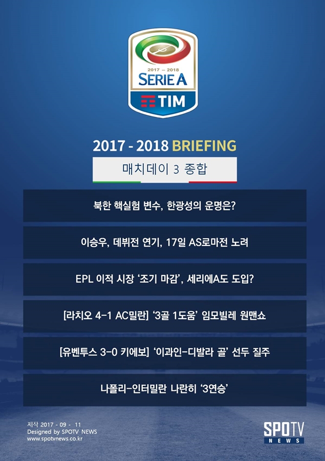 [세리에 브리핑] ‘북한 핵실험 변수’ 한광성의 운명은?…이승우, 17일 AS로마전서 데뷔 노려