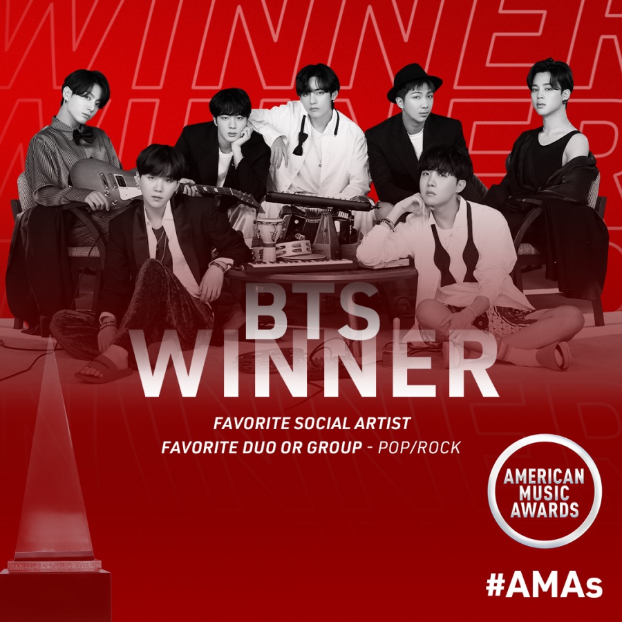 방탄소년단, '2020 AMAs' 2관왕…팝·록 그룹+소셜 아티스트[공식]