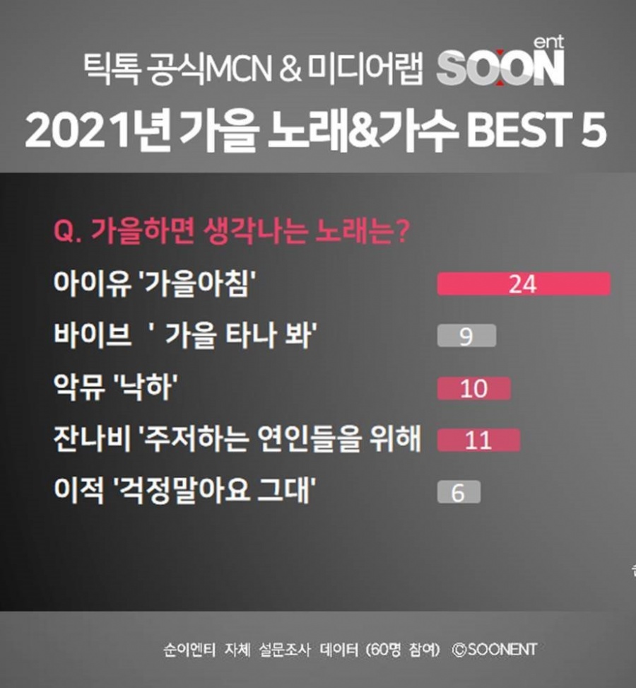 아이유 '가을아침', 순이엔티 인플루언서 대상 '가을 노래' 설문 1위