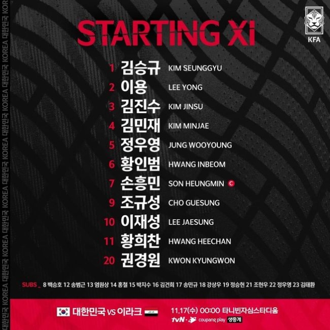 '손흥민 선발-조규성 원톱' 한국, 이라크전 선발 발표