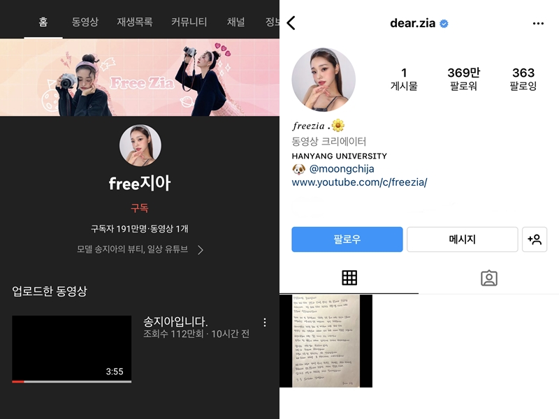 ▲ 25일 활동 중단을 선언한 송지아가 사과문 제외한 모든 콘텐츠를 비공개로 전환했다. 출처| 송지아 유튜브, 인스타그램 캡처