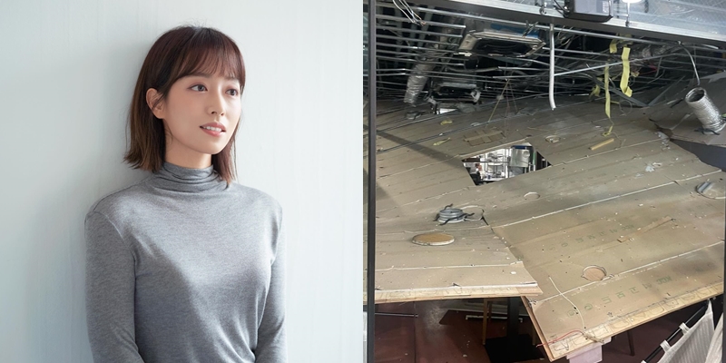 ▲ 임현주 아나운서(왼쪽)가 촬영한 천장 붕괴 현장. 출처| 임현주 아나운서