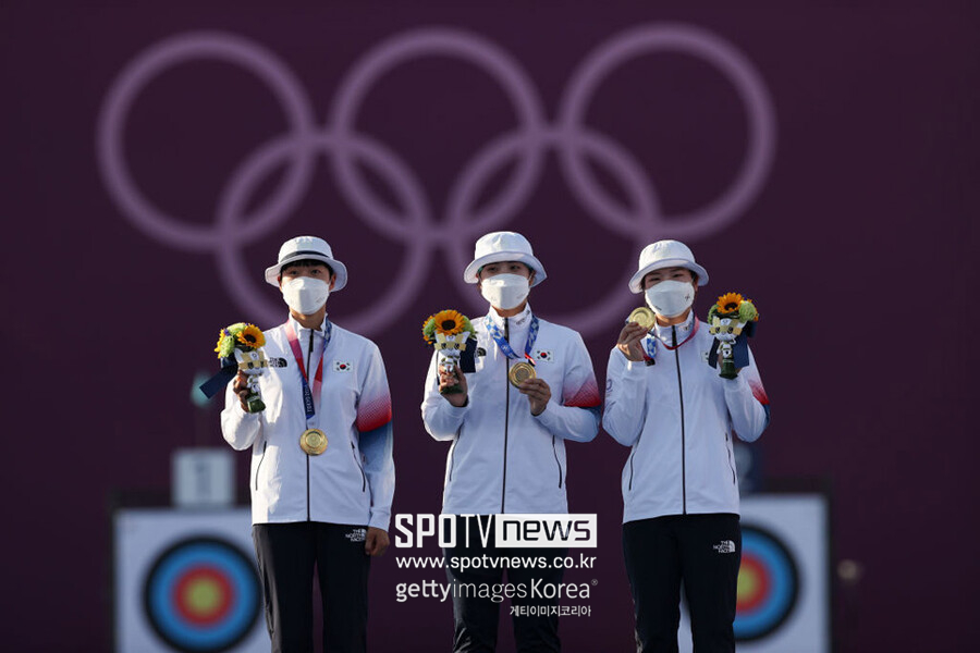 ▲ 2020 도쿄 올림픽 여자 양궁 단체전에서 금메달을 획득한 한국 여자 양궁 대표 팀 도쿄 올림픽에서는 마스크를 착용한 상태에서 시상대에 오를 수 있었지만 2022 베이징 동계 올림픽에서는 마스크를 벗어도 된다.