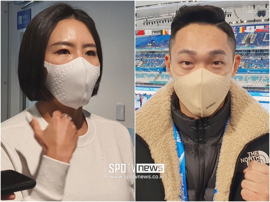 ▲ 이상화(왼쪽)와 모태범이 4일 베이징 스피드스케이팅오벌을 찾아 후배들을 응원했다. ⓒ베이징, 고봉준 기자