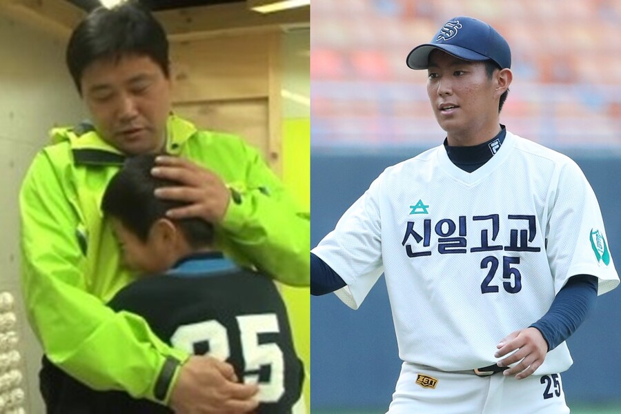 ▲ 2014년 이수초 6학년 박건우 어린이가 SBS '내 마음의 크레파스'에 출연해 '양신' 양준혁 해설위원과 포옹하고 있다(왼쪽 사진) 오른쪽 사진은 박건우가 신일고 3학년 좌완투수로 성장해 활약하던 모습 ⓒSBS '내 마음의 크레파스' 화면 캡처, 곽혜미 기자