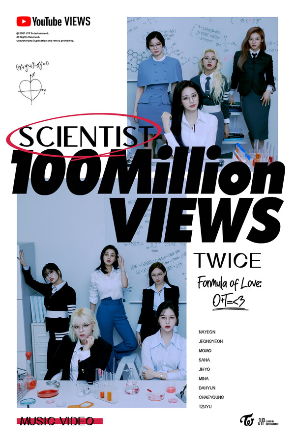 ▲ '사이언티스트' 뮤직비디오가 1억뷰를 돌파하면서 트와이스는 모두 20개의 억대뷰 뮤직비디오를 확보, 전 세계 걸그룹 중 가장 많은 1억 뷰 이상 뮤직비디오 보유자가 됐다. 제공|JYP엔터테인먼트