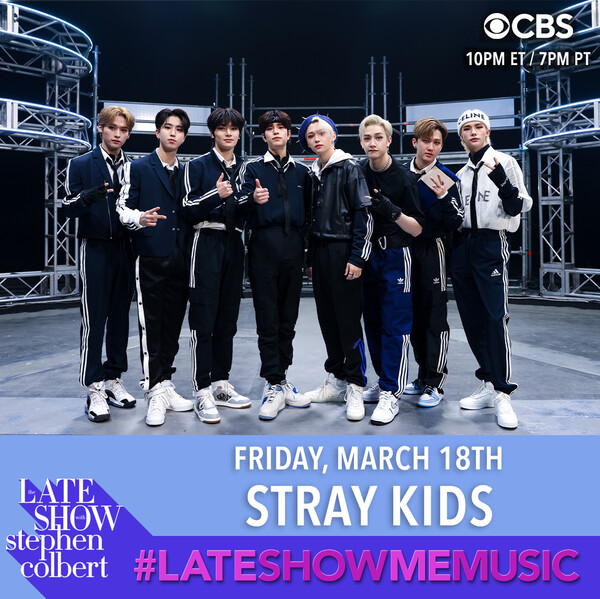 ▲ 스트레이 키즈가 미국 CBS '더 레이트 쇼 위드 스티븐 콜베어'에서 신곡 '매니악' 무대를 선사하다. 제공|출처: JYP엔터테인먼트, CBS The Late Show with Stephen Colbert