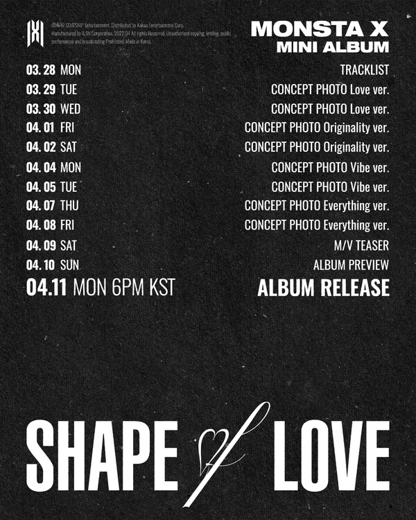 ▲ 몬스타엑스 새 앨범 '셰이프 오브 러브' 스케줄 포스터. 제공|스타쉽엔터테인먼트
