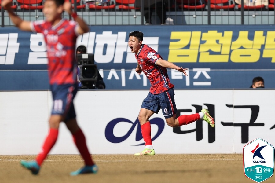 ▲  올 시즌 K리그 득점 선두로 올라선 김천 상무 공격수 조규성 ⓒ한국프로축구연맹