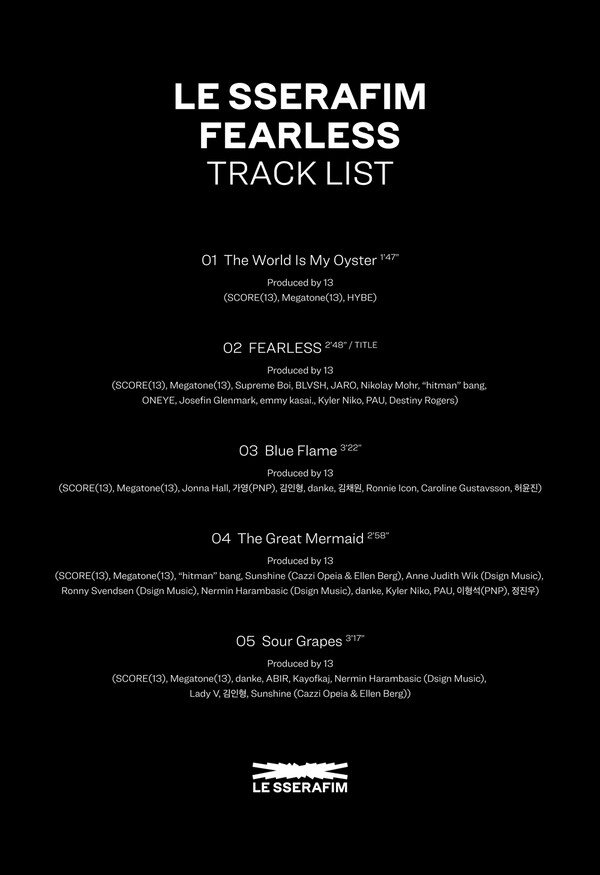 ▲ 르세라핌 첫 앨범 '피어리스' 트랙리스트. 제공|쏘스뮤직