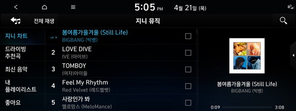 ▲ 현대-기아차에서 이용할 수 있는 지니뮤직 서비스 화면. 제공|지니뮤직