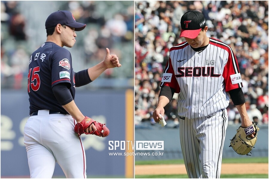 ▲ 롯데 김진욱(왼쪽)과 LG 임찬규의 엇갈린 표정. ⓒ연합뉴스