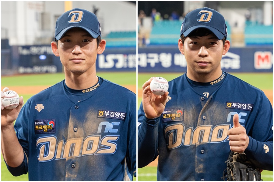 ▲ NC 다이노스 서호철(왼쪽)과 오영수가 데뷔 홈런 공을 들고 기념 사진을 찍었다. ⓒ NC 다이노스