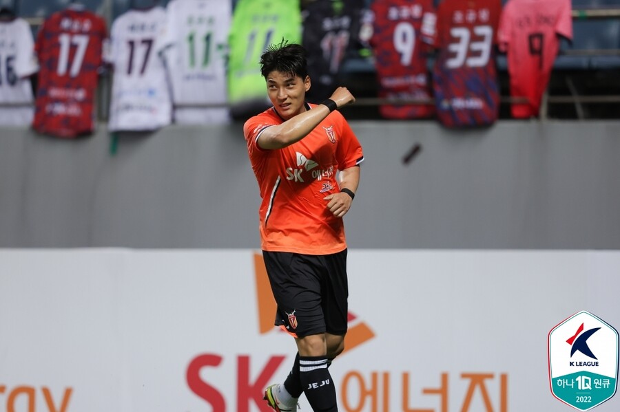 ▲ 김천상무전에서 해트트릭을 기록한 주민규(제주) ⓒ한국프로축구연맹