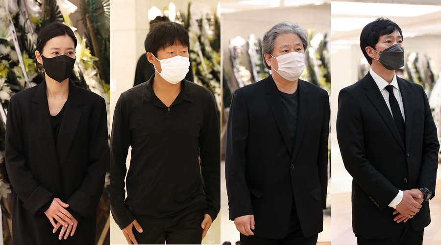 ▲ 왼쪽부터 고 강수연 빈소를 찾은 정유미, 유해진, 박찬욱, 박해일. 제공|故강수연배우장례위원회
