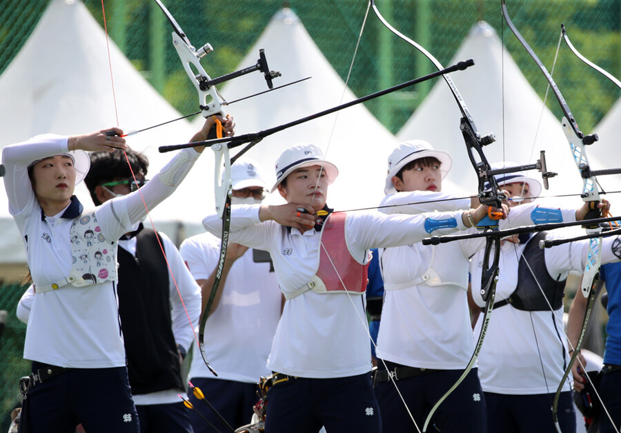▲ 광주 2022 현대 양궁 월드컵에 출전한 여자 리커브 대표팀 가장 왼쪽이 최미선 ⓒ연합뉴스