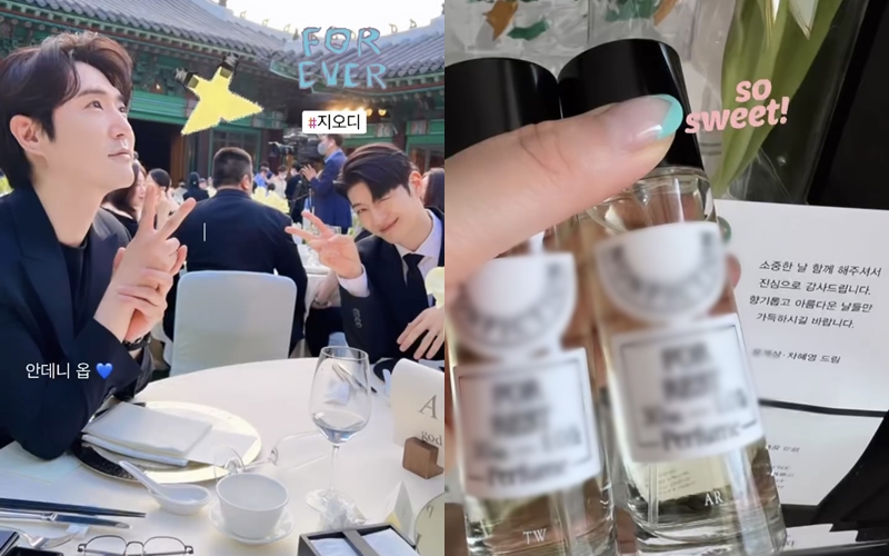 ▲ 배우 윤계상 결혼식에 참석한 데니안과 손호영(왼쪽)과 답례품. 출처| 김예리 인스타그램