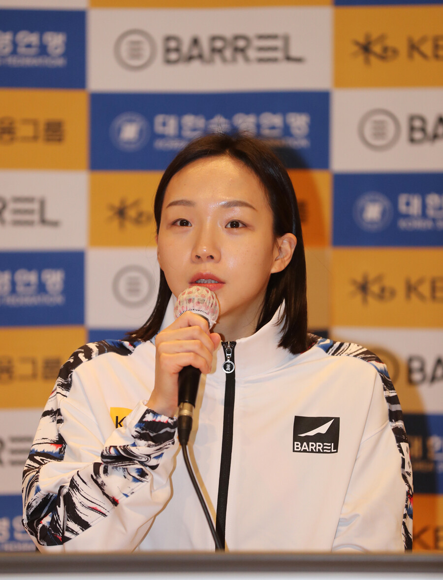 ▲ 김서영이 2022 FINA 세계수영선수권대회 미디어 데이에서 취재진들의 질문에 답변하고 있다. ⓒ연합뉴스