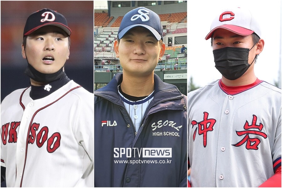 ▲ 고교 3학년 에이스 라인을 이루고 있는 덕수고 심준석과 서울고 김서현, 충암고 윤영철(왼쪽부터). ⓒ곽혜미 기자