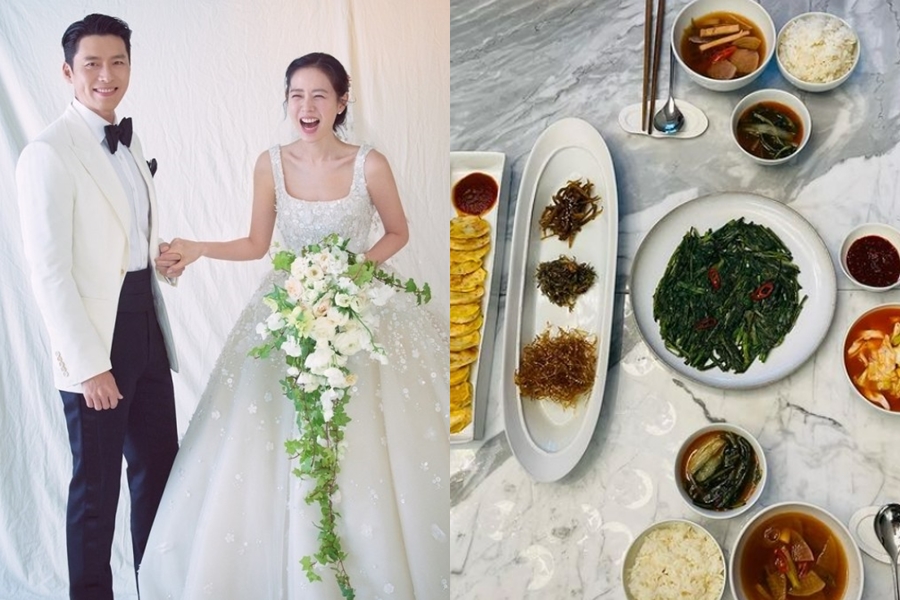 ▲ 현빈 손예진 부부(왼쪽), 손예진이 직접 공개한 음식 사진. 출처| 손예진 인스타그램, 엠에스팀엔터테인먼트