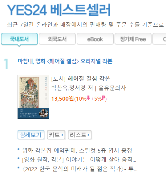 ▲ 헤어질 결심 각본집. 출처ㅣ예스24 캡처
