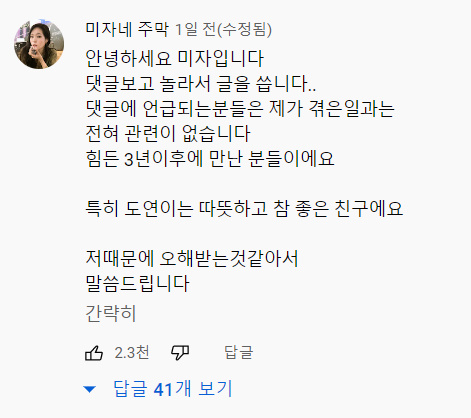 ▲ 미자가 장도연을 둘러싼 억측에 직접 작성한 댓글. 출처| 유튜브 채널 '패널A 캔버스'
