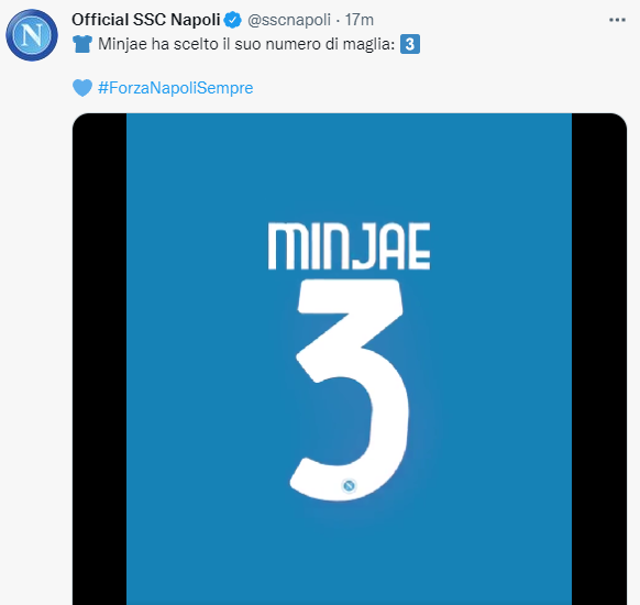 ▲ 김민재는 등번호 3 유니폼을 입고 뛸 예정이다. ⓒ나폴리 공식 SNS 갈무리