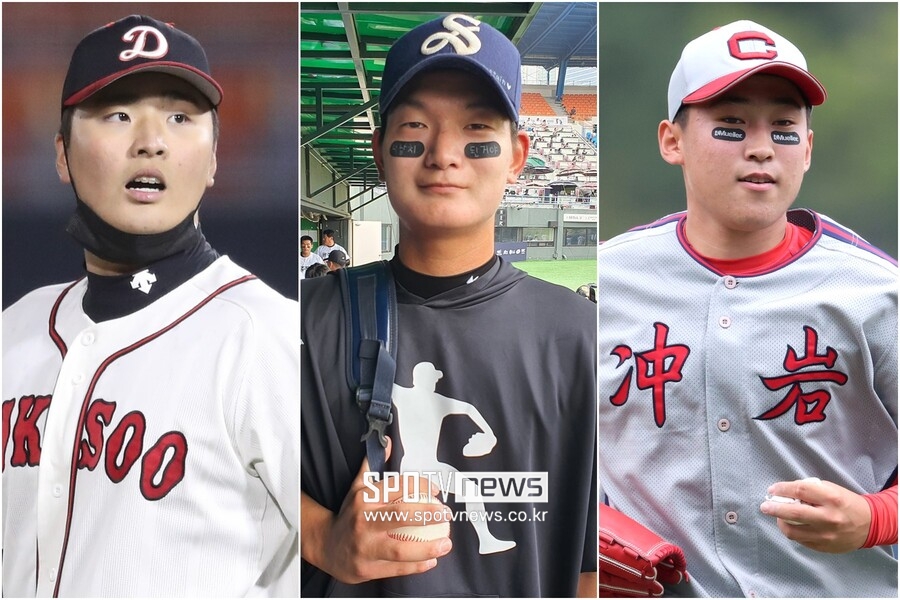 ▲ 고교 3학년 에이스 라인을 이루고 있는 덕수고 심준석과 서울고 김서현, 충암고 윤영철(왼쪽부터). ⓒ곽혜미 기자