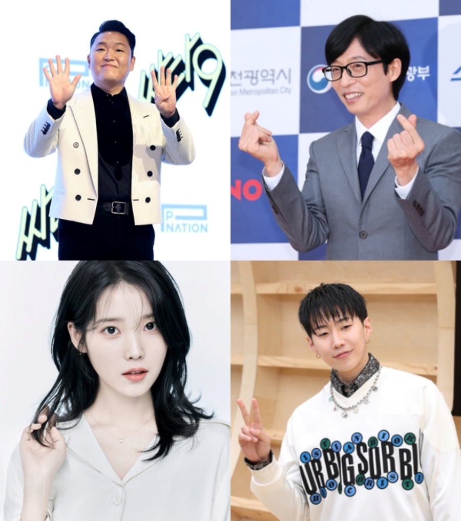 ▲ 가수 싸이, 방송인 유재석, 가수 아이유, 박재범. 제공| ⓒ곽혜미 기자, EDAM엔터테인먼트