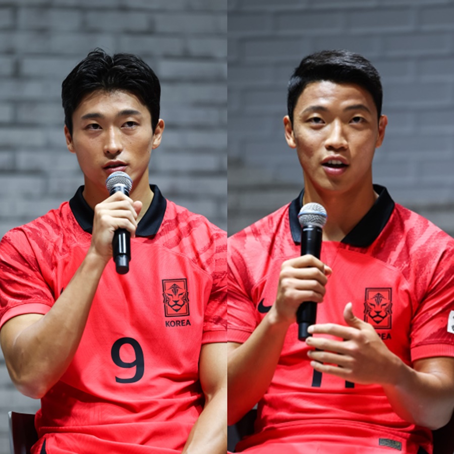 ▲ 새 유니폼을 입고 기자회견에 참석한 조규성과 황희찬 ⓒ나이키