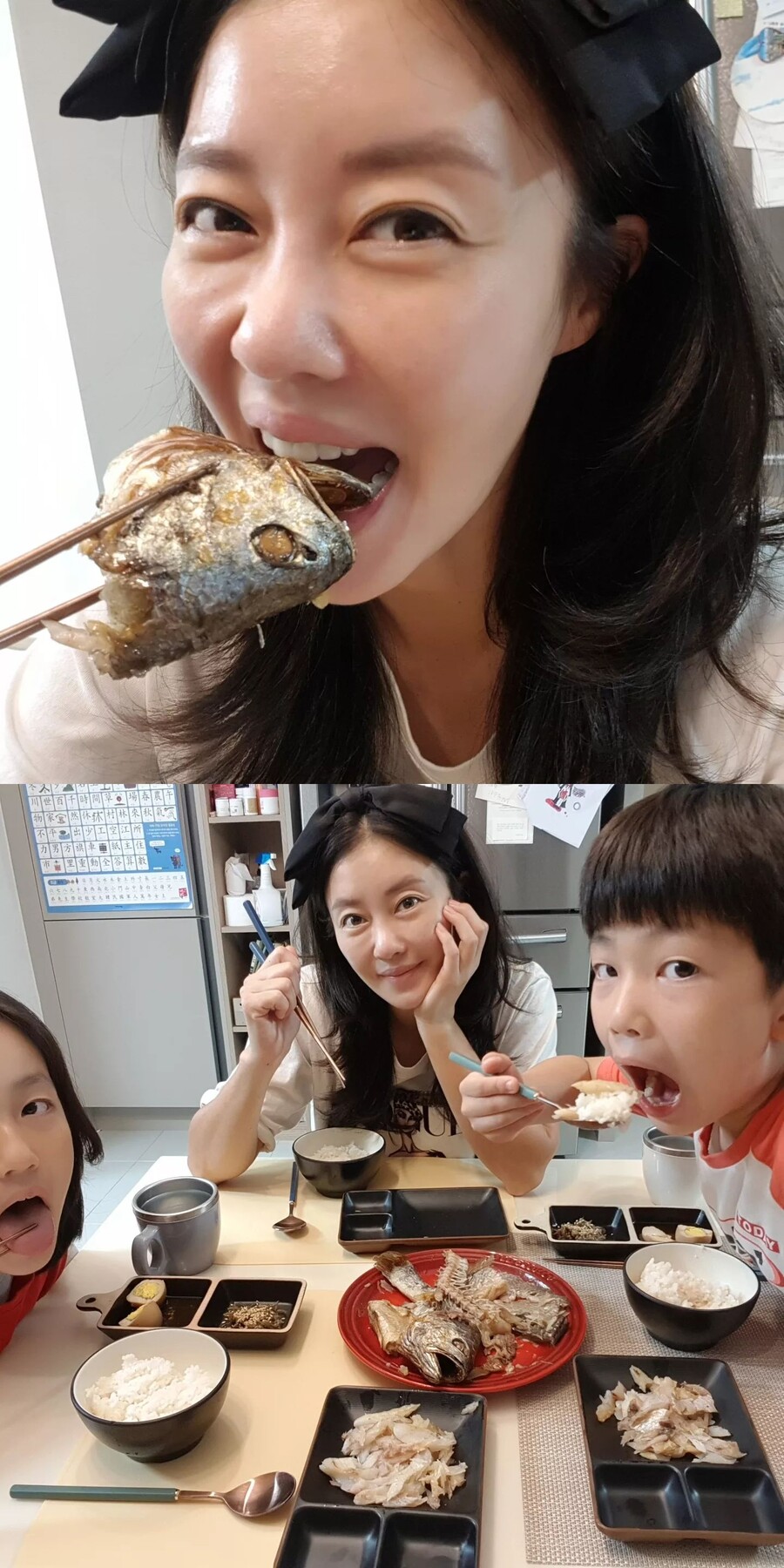 이지현, 생선대가리 입에 물고 함박웃음 "이런 엄마 되지 말라고 했는데"