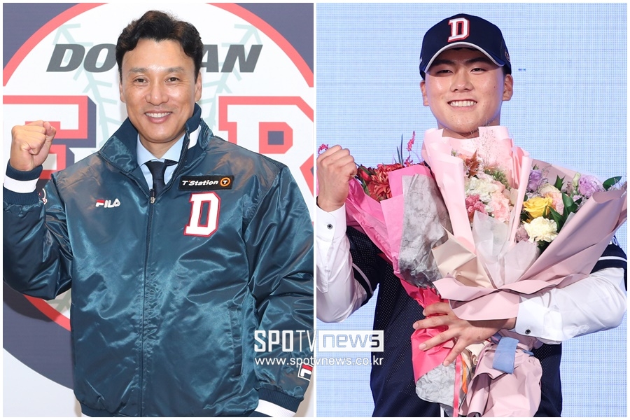 ▲ 두산 베어스 이승엽 감독(왼쪽)과 신인 포수 윤준호 ⓒ 두산베어스/곽혜미 기자