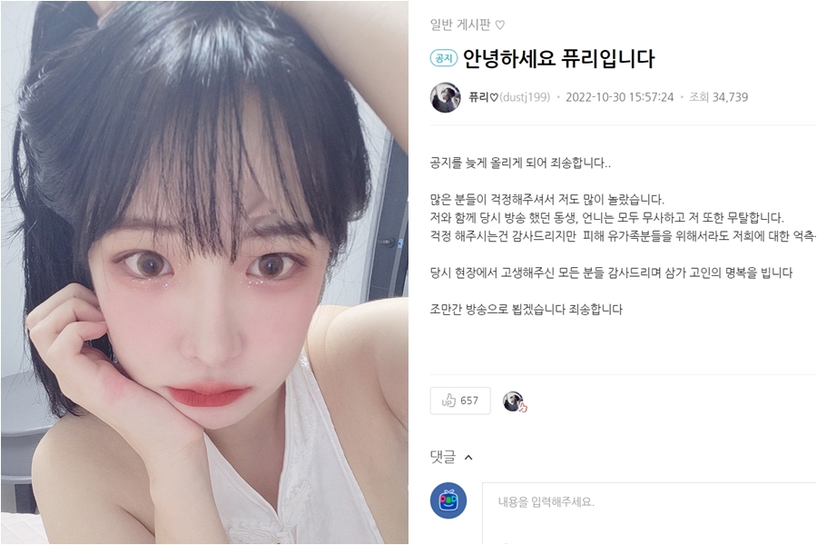 ▲ 출처|아프리카TV BJ퓨리 게시판 캡처