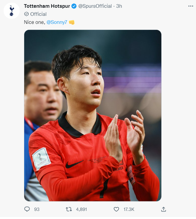▲ 토트넘 홋스퍼가 대한민국 '캡틴' 손흥민의 월드컵 16강행에 축하 인사를 남겼다. ⓒ토트넘 공식