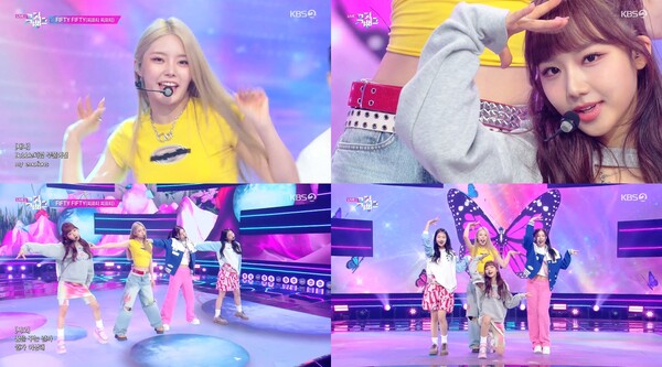▲ 피프티 피프티가 2일 방송된 KBS2 '뮤직뱅크'을 끝으로 '하이어' 활동을 마무리했다. 방송 화면 캡처