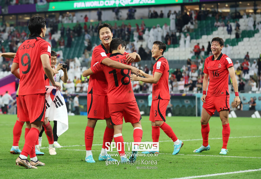 ▲ 한국 남자 축구대표팀이 16강 진출을 확정 지은 후 기뻐하고 있다.