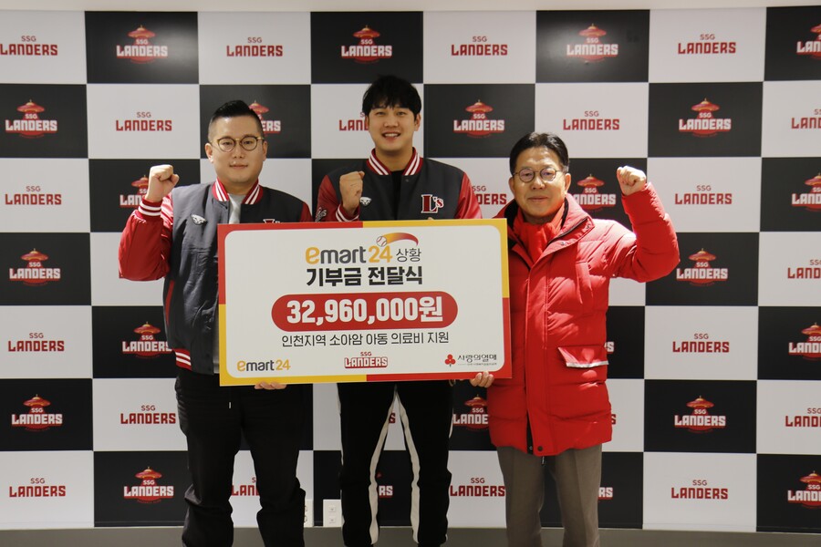 ▲ '삼진 기부 캠페인' 기부금 전달식 ⓒSSG 랜더스