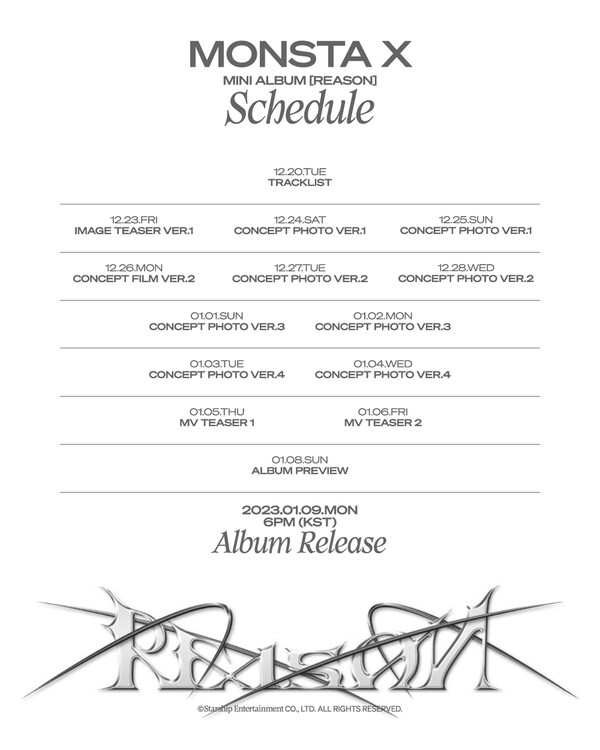 ▲ 몬스타엑스 새 앨범 '리즌' 발표 스케줄. 제공|스타쉽엔터테인먼트