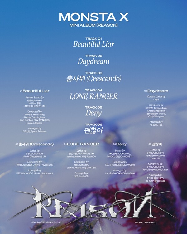 ▲ 몬스타엑스 12번째 미니 앨범 '리즌' 트랙리스트 이미지. 제공|스타쉽엔터테인먼트