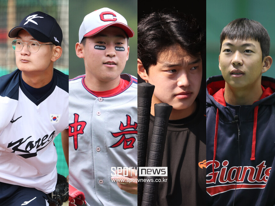 ▲왼쪽부터 김서현(한화), 윤영철(KIA), 한화 문동주(한화), 김민석(롯데). ⓒ스포티비뉴스DB, 롯데 자이언츠