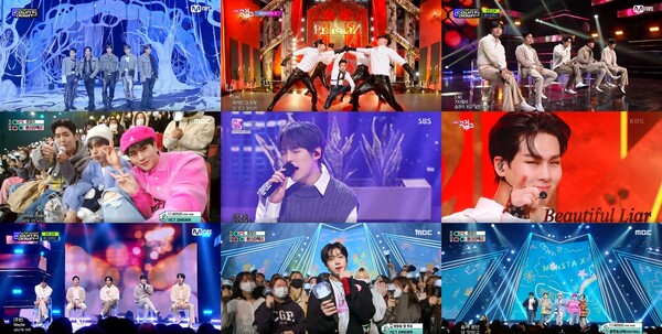 ▲ 몬스타엑스는 지난 12일부터 15일까지 음악방송에 잇달아 출연해 신곡 무대를 선보였다. 각 방송화면 캡처