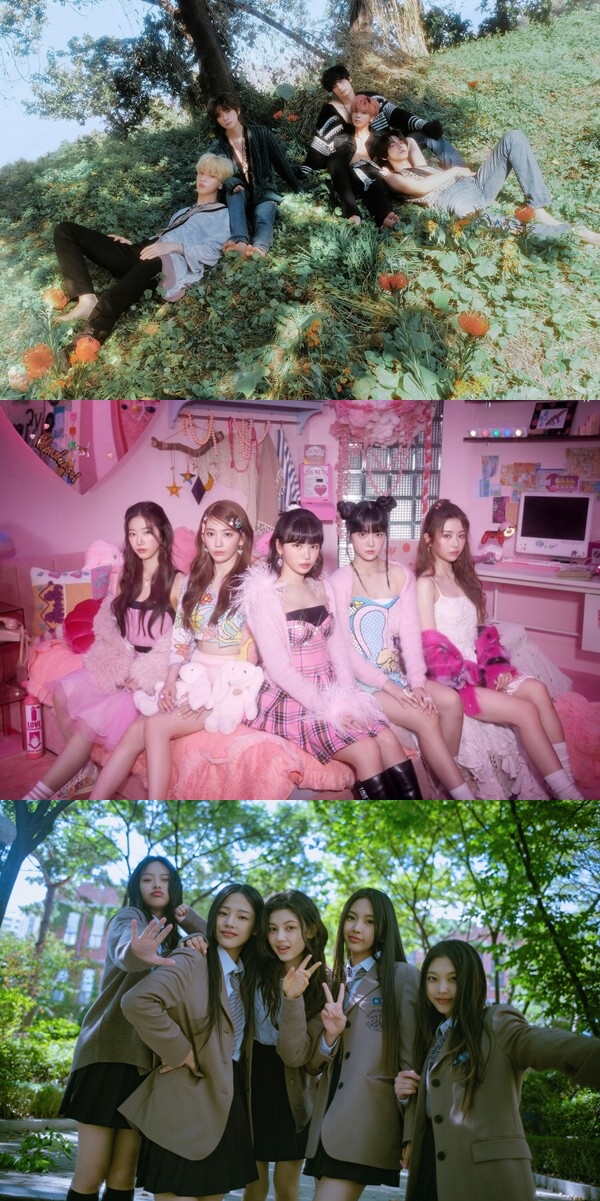 ▲ 투모로우바이투게더, 르세라핌, 뉴진스(왼쪽부터). 제공| 빅히트 뮤직, 쏘스뮤직, 어도어