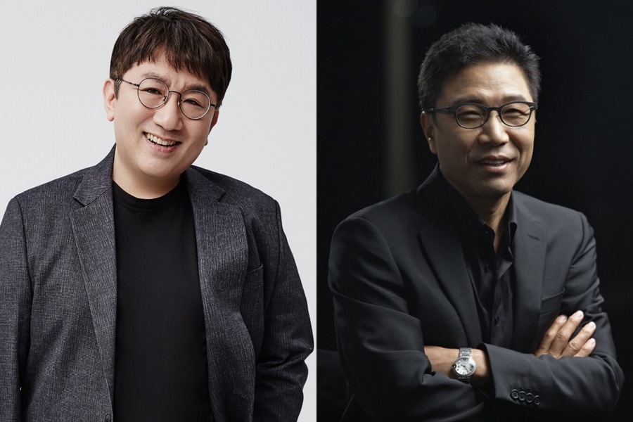 ▲ 방시혁 하이브 의장(왼쪽), 이수만 SM엔터테인먼트 총괄 프로듀서. 제공|하이브, SM엔터테인먼트