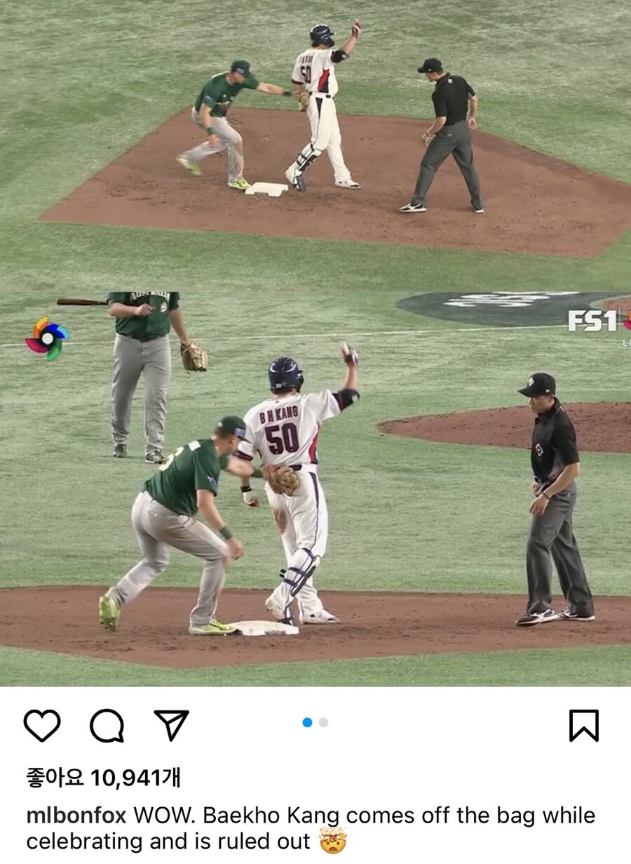 ▲ 폭스스포츠 인스타그램 계정에 올라온 강백호의 아웃 장면. ⓒ 인스타그램 캡처