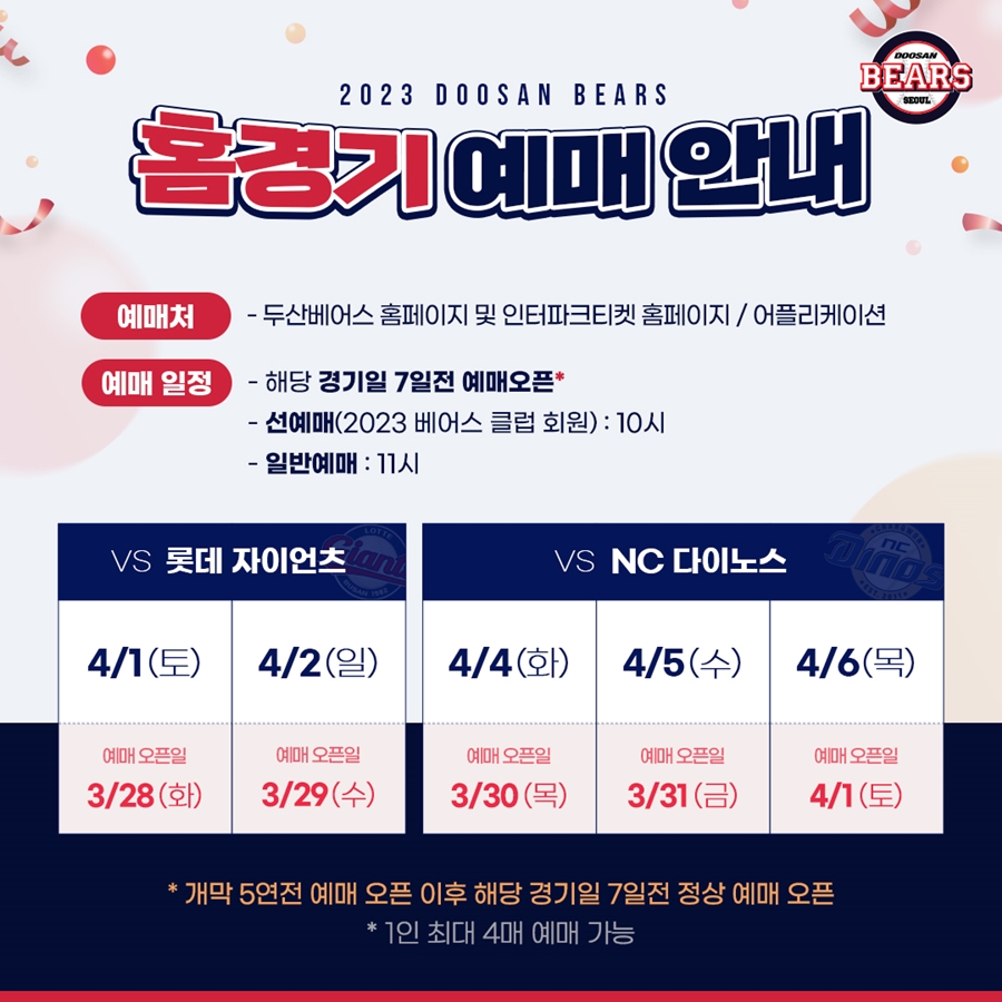 ▲ 두산 베어스가 28일부터 2023시즌 개막전 티켓 예매를 진행한다. ⓒ두산 베어스