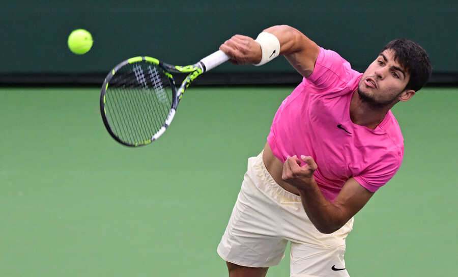 ▲ 2023년 ATP 투어 BNP 파리바 오픈 단식 결승전에서 경기를 펼치는 카를로스 알카라스 ⓒ연합뉴스/AP