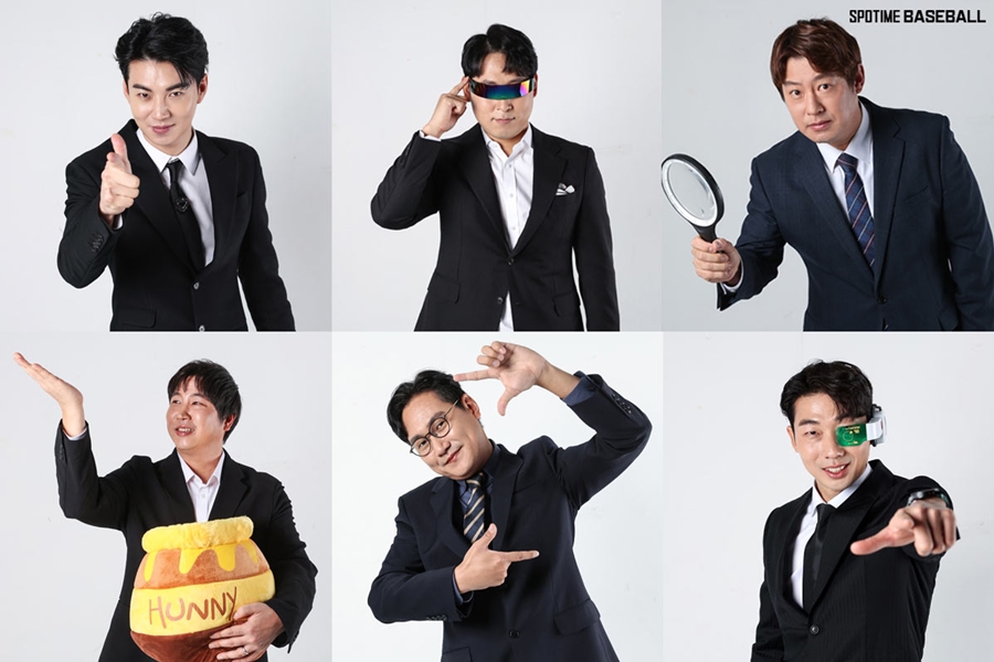 ▲ 스포타임 베이스볼 출연진 이대형-윤석민-안치용-김용의-김태우 기자-김성배(좌상단부터 시계방향). ⓒSPOTV