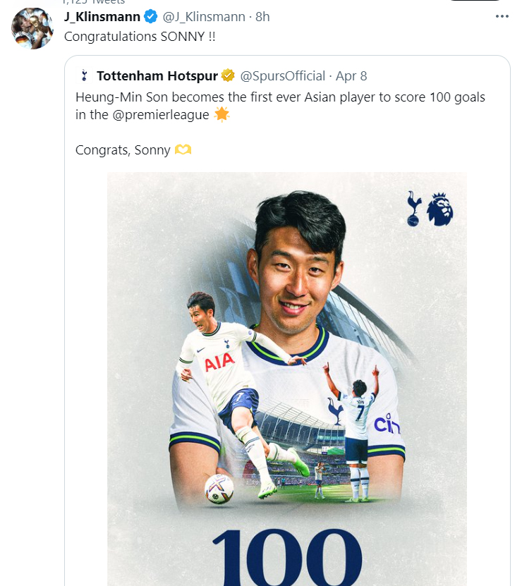 ▲ "축하해 소니" 클린스만 감독이 프리미어리그 100번째 골에 박수를 보냈다