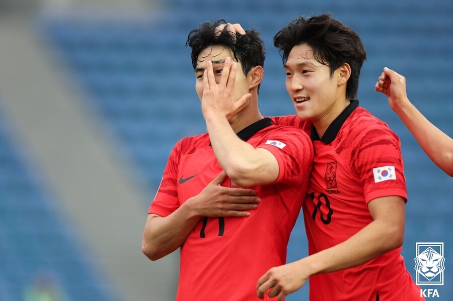 ▲ 포르투갈 포르티모넨세 소속의 김용학(사진 위)과 강성진, 배준호(사진 아래 왼쪽부터)은 20세 이하(U-20) 대표팀 주축이다. ⓒ대한축구협회