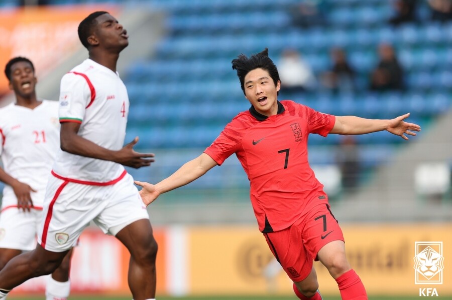 ▲ U-20 아시안컵 오만전에서 골을 넣은 김용학 ⓒ 대한축구협회